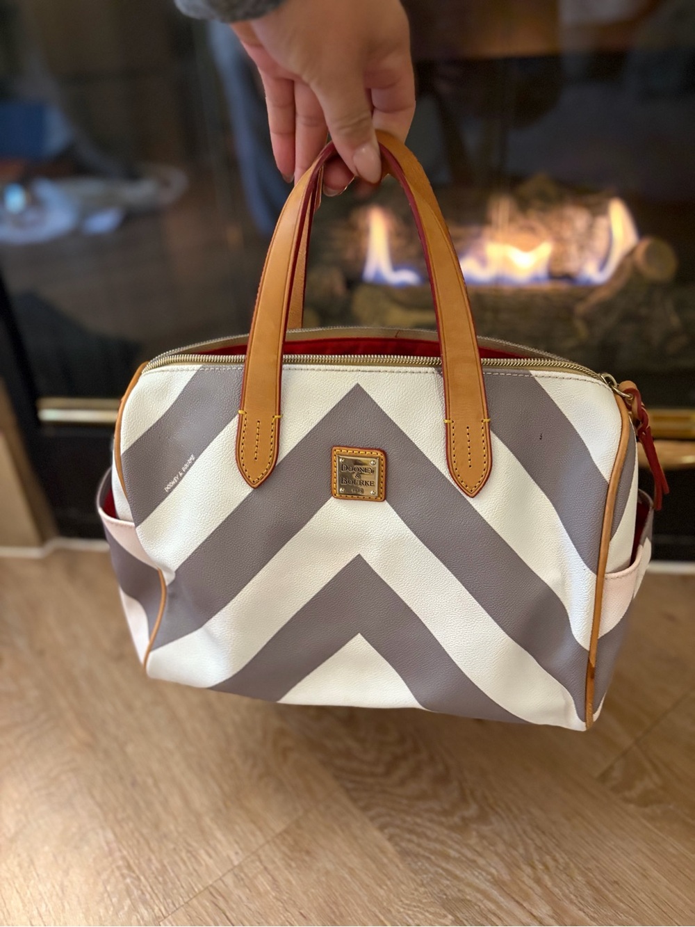 Dooney & Bourke Chevron Satchel - White & Taupe with Tan Trim